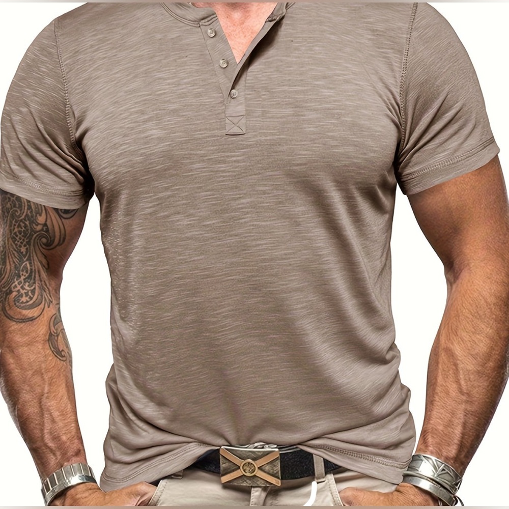 Men's Beige Button‎ T-Shirt.